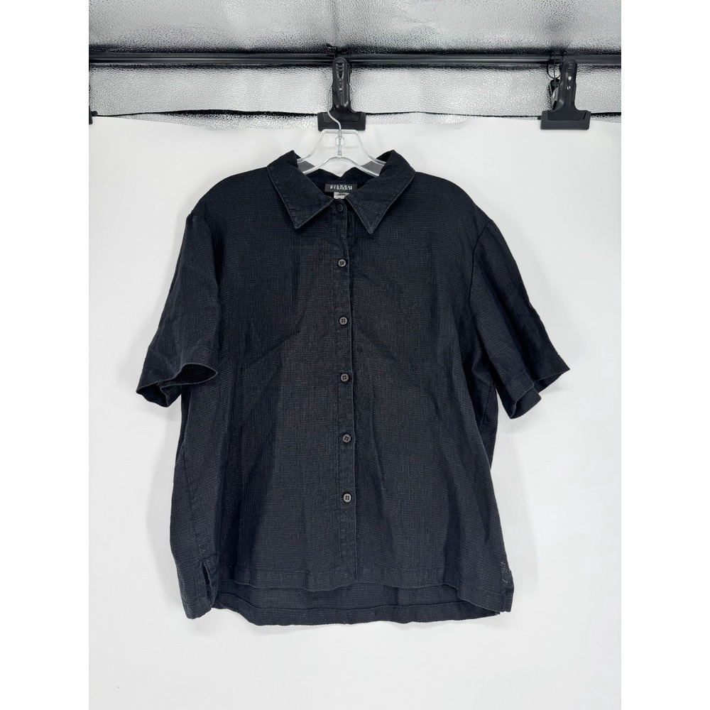 Eileen Fisher Short Sleeve Shirt Womens Medium 100% Linen Waffle Knit Button Up